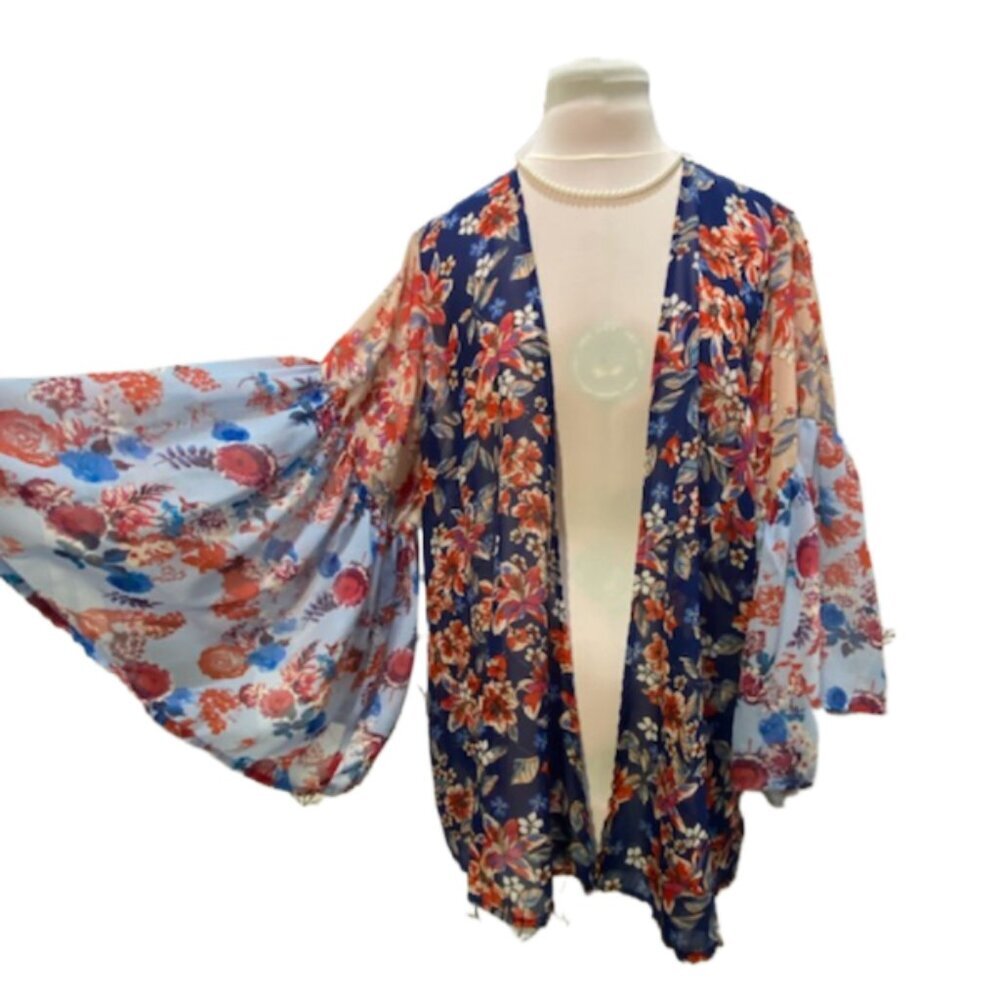 SELF ESTEEM Womens Mixed print Bell Sleeve Sheer Blue Floral Kimono Size M Flowy